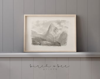 Boceto de montaña vintage / Decoración de cabaña rústica / Dibujo de paisaje de montaña / Arte de pared imprimible #231