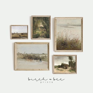 May include: Five framed landscape paintings in muted tones of brown, green, and blue, with a white background. The paintings are arranged in a grid pattern, with the text "birch + bee prints" at the bottom.
