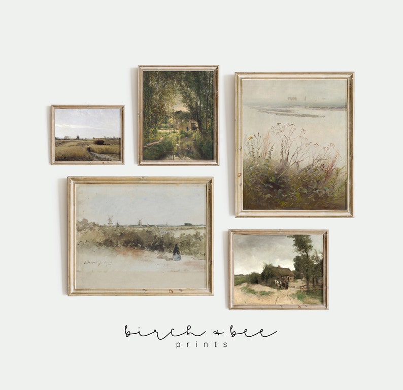 May include: Five framed landscape paintings in muted tones of brown, green, and blue, with a white background. The paintings are arranged in a grid pattern, with the text "birch + bee prints" at the bottom.