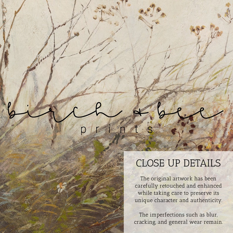 May include: A watercolor painting of dried grasses and wildflowers in shades of brown, beige, and green. The text "birch & bee prints" is written in black cursive at the bottom of the image.
