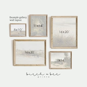 May include: Example gallery wall layout with four framed prints in various sizes. The prints are all in a light, muted color palette and feature landscapes. The sizes of the prints are 8x10 inches, 11x14 inches, and 16x20 inches. The text "birch & bee prints" is at the bottom of the image.