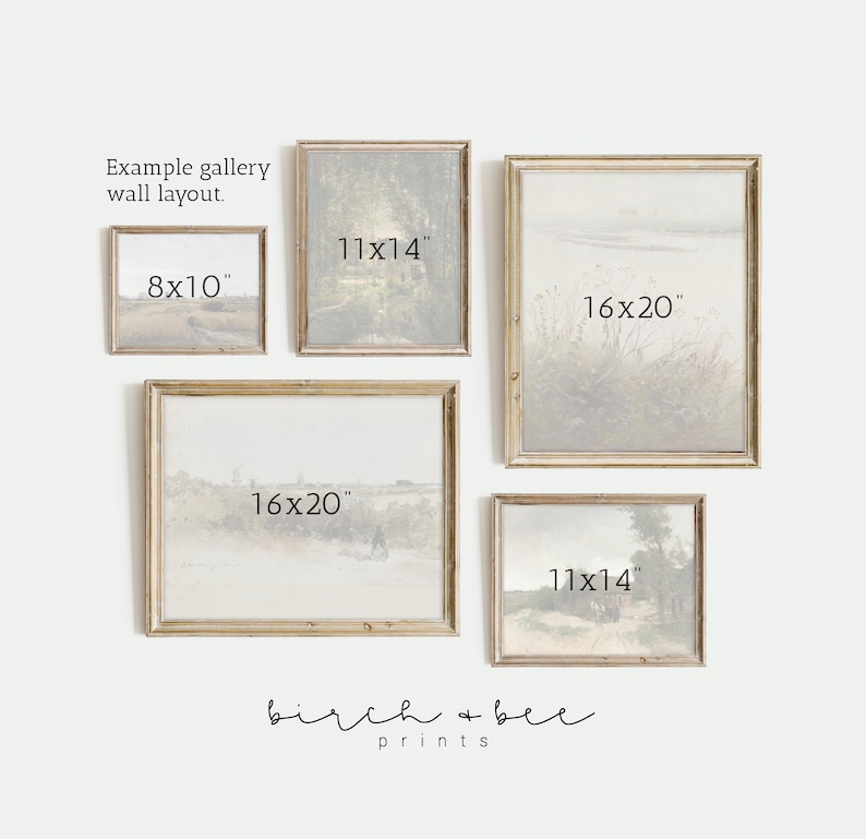 May include: Example gallery wall layout with four framed prints in various sizes. The prints are all in a light, muted color palette and feature landscapes. The sizes of the prints are 8x10 inches, 11x14 inches, and 16x20 inches. The text "birch & bee prints" is at the bottom of the image.