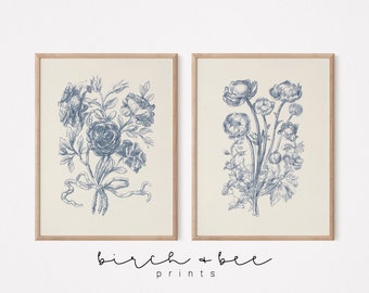 Blue Floral Print Set of 2 | Botanical Wall Art Set | Floral Sketch Decor | Vintage Nursery Art- MAILED ART PRINTS #290