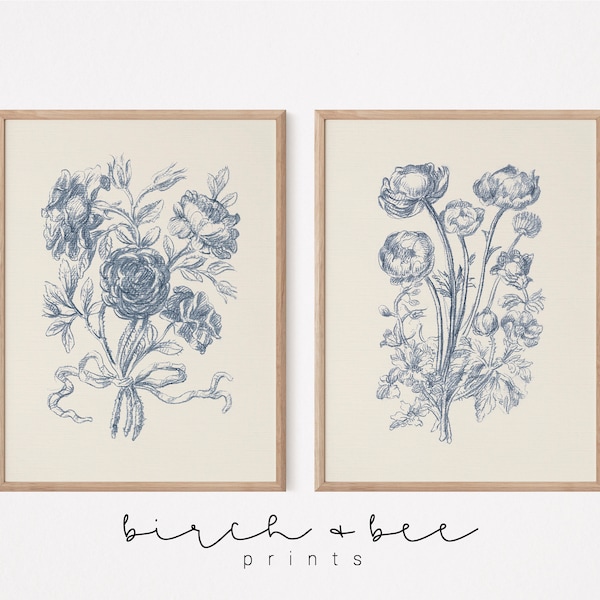 Blue Floral Print Set of 2 | Botanical Wall Art Set | Floral Sketch Decor | Vintage Nursery Art- MAILED ART PRINTS #290