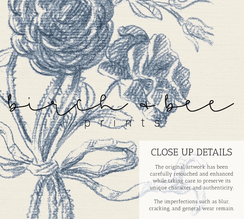 Puede incluir: Una ilustraci&oacute;n floral azul y blanca con el texto "birch & bee prints" en escritura cursiva negra. La imagen tiene un estilo vintage y presenta un primer plano de un ramo de rosas atado con una cinta.