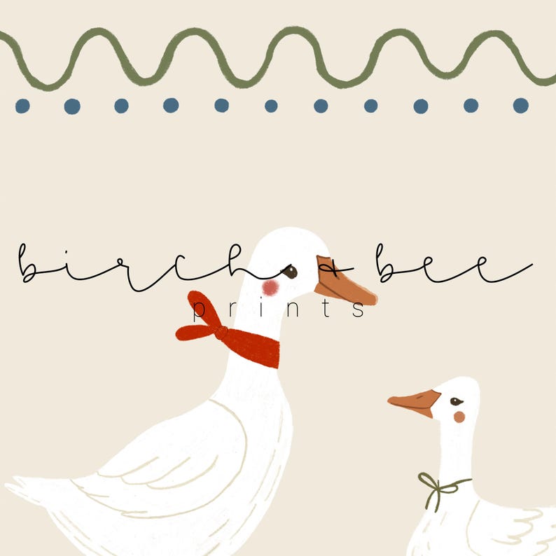 K&ouml;nnte beinhalten: Eine digitale Illustration von zwei wei&szlig;en G&auml;nsen mit orangefarbenen Schn&auml;beln. Die gr&ouml;&szlig;ere Gans tr&auml;gt ein rotes Bandana. Der Text "birch + bee prints" ist oben im Bild in schwarzer Kursivschrift geschrieben.