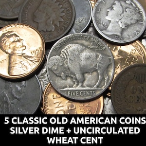 5 Classic Old American Coins - moneda de diez centavos de plata, centavo de trigo no circulado, centavo de 110+ años y más - Colección de monedas de EE. UU.