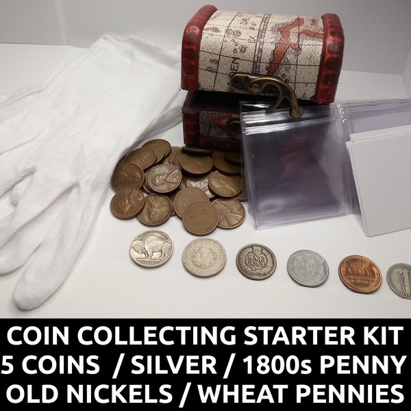 Coin Collecting Starter Kit - 35 old coins / 1800s penny + silver dime + wheat pennies + more in treasure chest gift set for collector