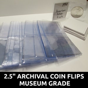 Archival 2.5&quot; mylar plastic coin flips for storage - choose quantity 25 / 50 / 100 / 200 / 500