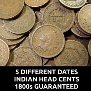 Lot of 5 Indian Head Pennies - 5 Different Dates + 1 1800s penny guaranteed - old US cents