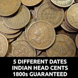 Lot of 5 Indian Head Pennies - 5 Different Dates + 1 1800s penny guaranteed - old US cents