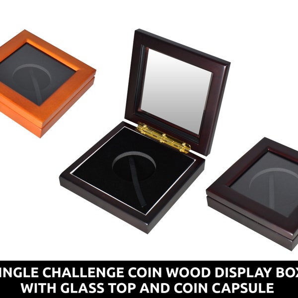 Single Challenge Coin Wood Presentation Display Box - with glass top and coin capsule - for 1.75, 2 inch, and 3 inch coins