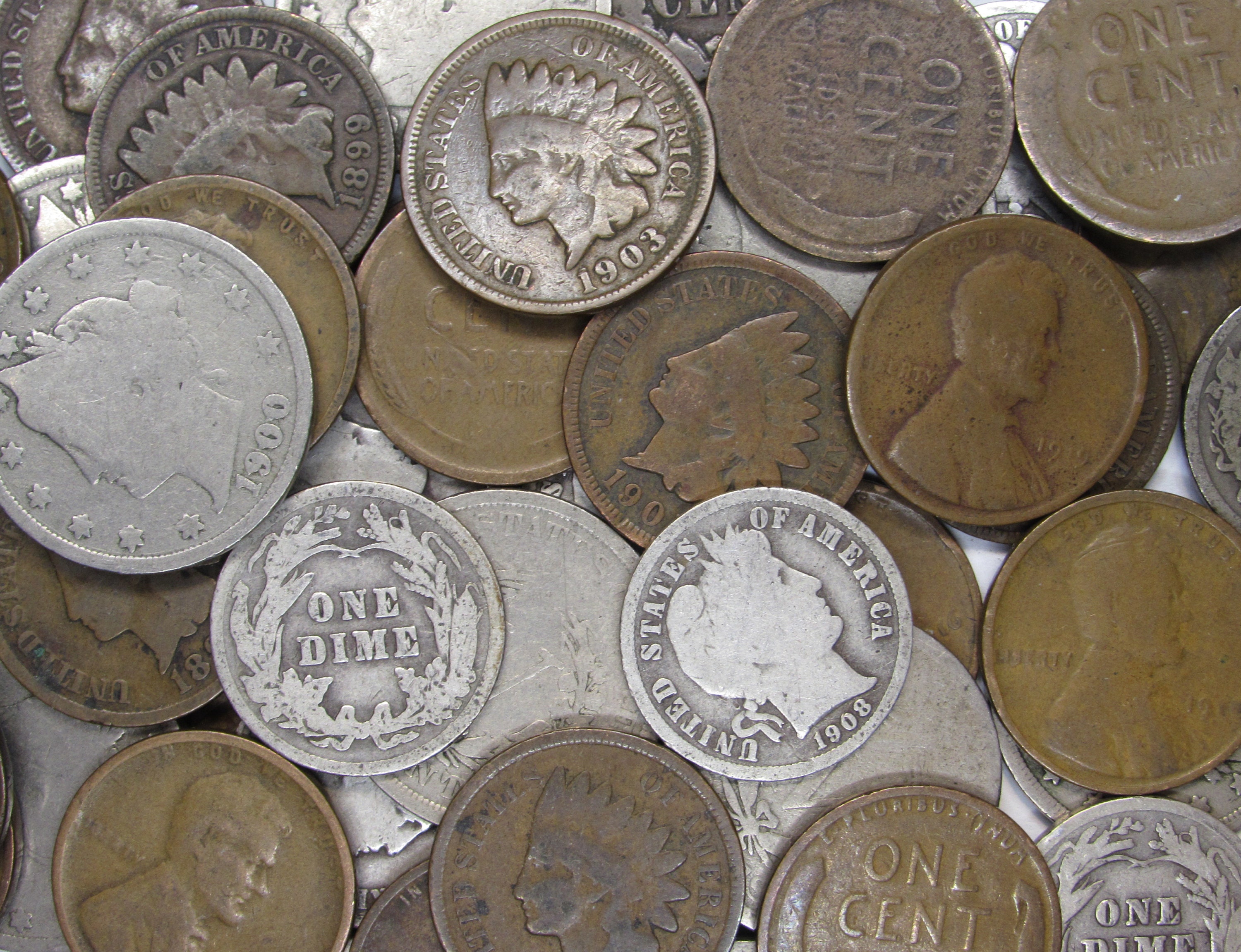 100年前のアメリカ硬貨5枚 - 廃貨コレクション - 銀貨10セント硬貨＋