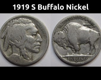 1919 S Buffalo Nickel - antique San Francisco mintmark American Indian coin