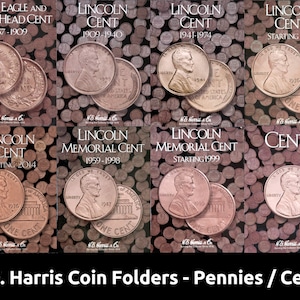 May include: A collection of H.E. Harris coin folders featuring pennies and cents. The folders display various Lincoln and Indian Head cent designs from different years, including 1857-2014. The image includes text such as "Flying Eagle and Indian Head Cent" and "Lincoln Cent".