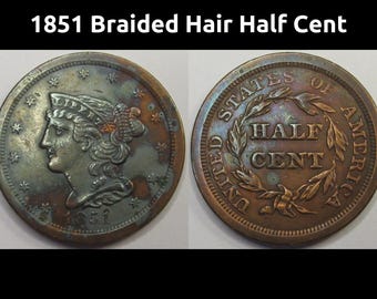1851 Braided Hair Half Cent - antique early American copper half penny