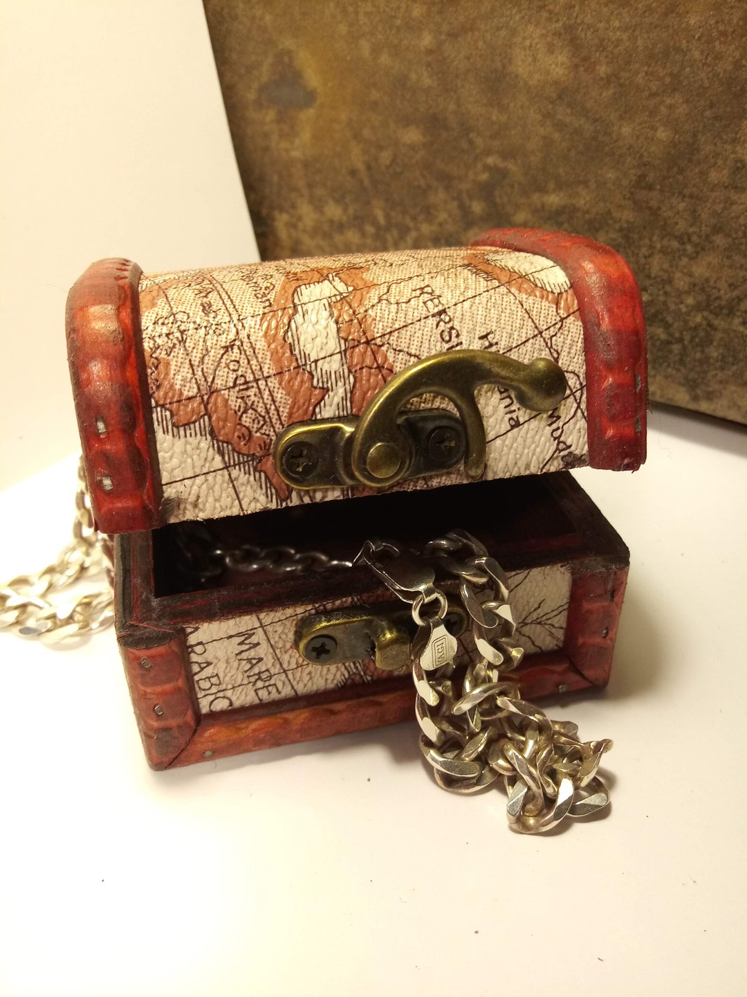 Treasure Chest Map Jewelry Box Small Wood Trinket Box Coins