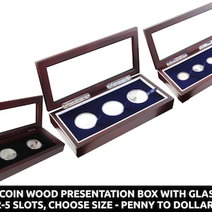 Wood presentation box with glass top for multi coin display - choose number and coin size - penny through dollar with capsules