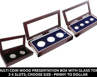 Wood presentation box with glass top for multi coin display - choose number and coin size - penny through dollar with capsules
