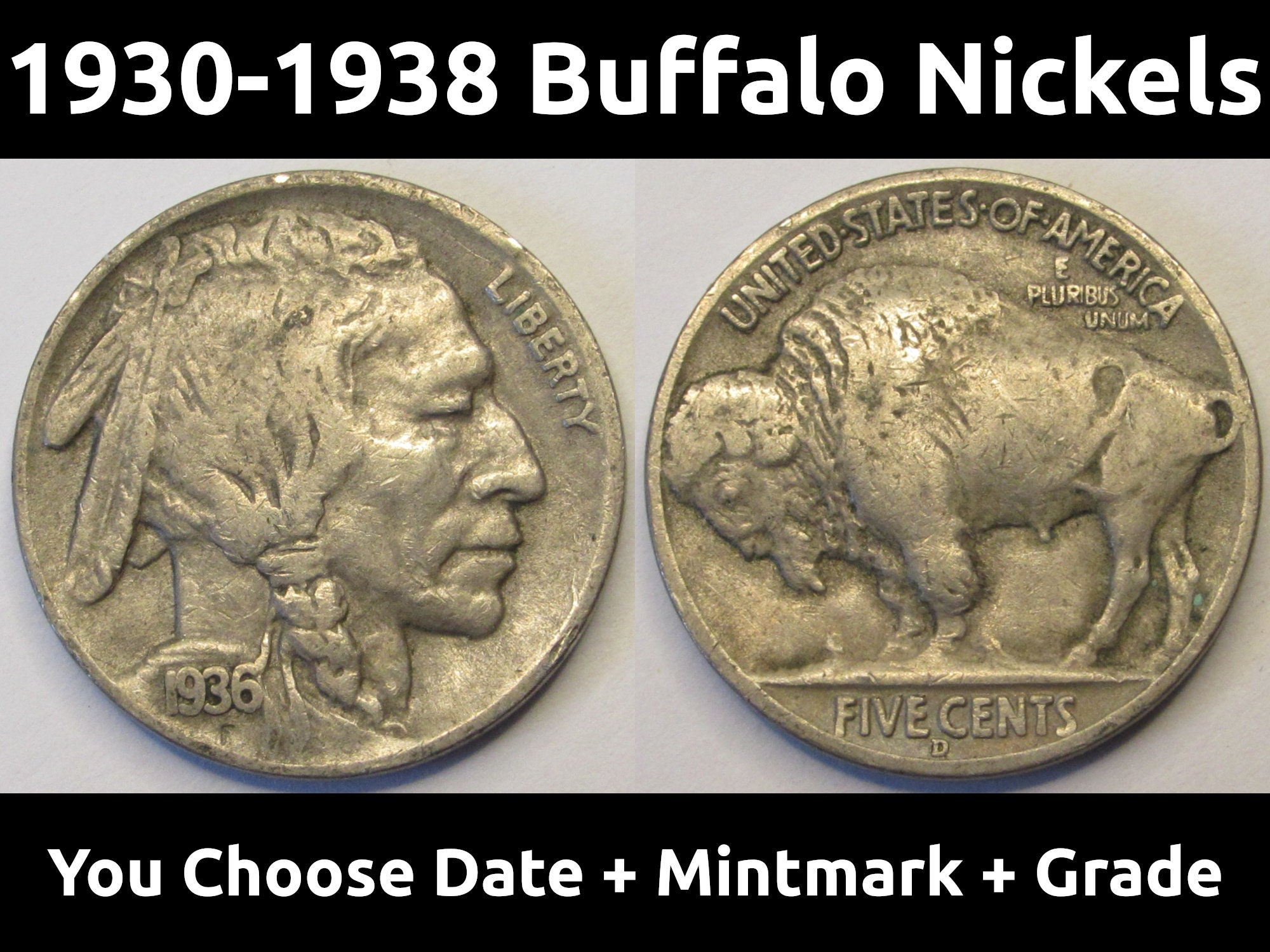 Buffalo Nickels - 1930 to 1938 PDS - choose date / mintmark / grade - 1930, 1931, 1934, 1935, 1936, 1937, 1938