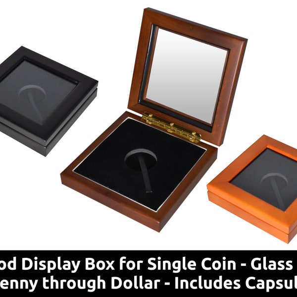 Wooden Display Box for single coin with glass top - with capsule - Penny / Nickel / Dime / Quarter / Half Dollar / Dollar / American Eagle