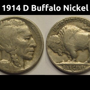1914 D Buffalo Nickel - antique key date Denver mintmark five cent coin