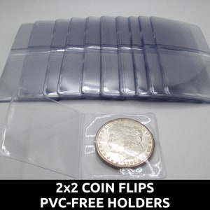 Plastic double pocket coin flips - 2x2&quot; safe for storage - no PVC - choose quantity 25 / 50 / 100 / 200 / 500