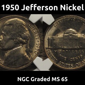 1950 Jefferson Nickel - NGC Graded MS 65 - vintage graded five cent coin