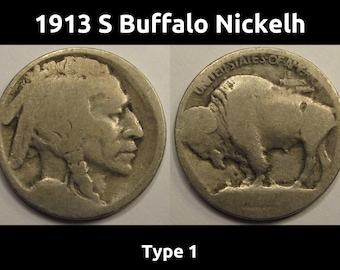 1913 S Buffalo Nickel - Type 1 - Antique American Five Cent Coin