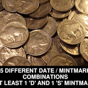 5 FULL DATE Buffalo Nickels - 5 different date / mintmark + guaranteed 'D' + 'S' - old Indian Head US nickels