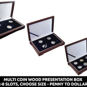 Wood presentation box with solid top for multi coin display - choose number and coin size - penny through dollar with capsules