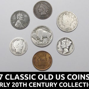Colección de 7 monedas antiguas clásicas de EE. UU.: monedas de principios del siglo XX con monedas de diez centavos de plata, monedas de cinco centavos antiguas y monedas de un centavo.