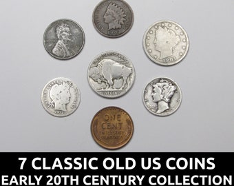 7 Classic old US coins collection - early 20th century coins w/ silver dimes, old nickels, pennies