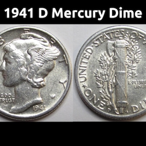 May include: Two silver 1941 D Mercury dimes. The obverse features a profile of a woman with a winged Phrygian cap, the text "IN GOD WE TRUST" and the year 1941. The reverse shows a bundle of rods and an olive branch, with the text "ONE DIME".
