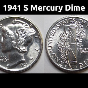 May include: A silver 1941 S Mercury dime, showing the profile of a woman with winged hair on the obverse and a bundle of rods with an axe on the reverse. The coin is in good condition.