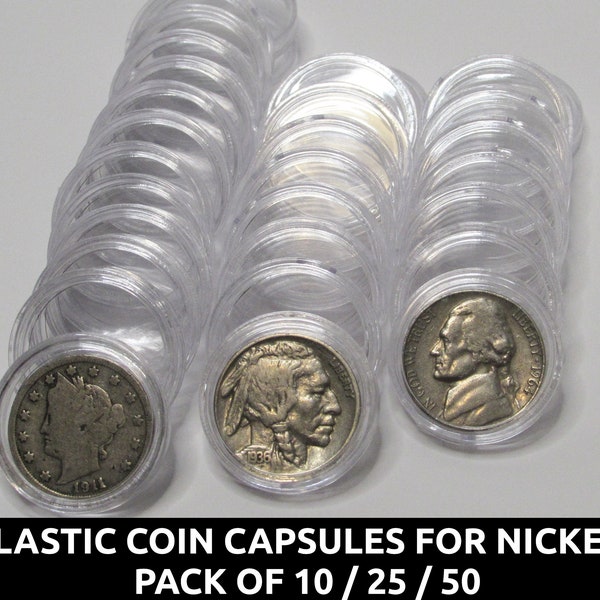 Nickel Sized Plastic coin capsules - 22 mm holders for coins - pack of 10 /  25 / 50