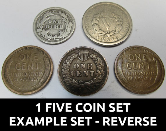 100年前のアメリカ硬貨5枚 - 廃貨コレクション - 銀貨10セント硬貨＋