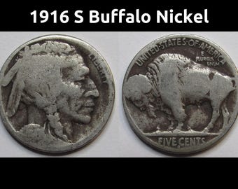 1916 S Buffalo Nickel - antique San Francisco mintmark American Indian coin