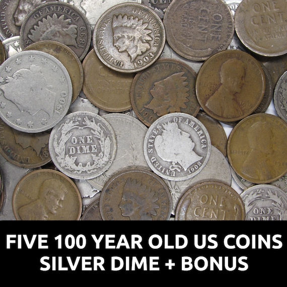 100年前のアメリカ硬貨5枚 - 廃貨コレクション - 銀貨10セント硬貨＋
