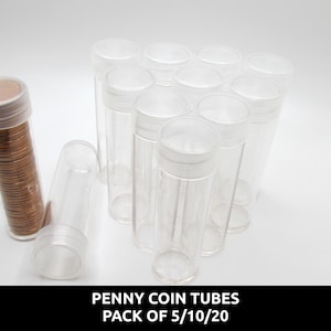 Tubos para monedas Whitman Cent (Penny) - Paquete de 5/10/20 - transparentes, redondos, tapa de rosca segura