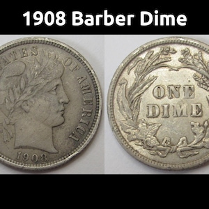 May include: Two sides of a 1908 Barber Dime coin. The obverse features a profile of a woman and the text "UNITED STATES OF AMERICA" and "1908". The reverse shows "ONE DIME" within a wreath.
