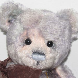 May include: A close-up of a plush teddy bear with grey fur and black eyes. The bear has a brown ribbon tied around its neck. The bear's fur has a soft, textured appearance.