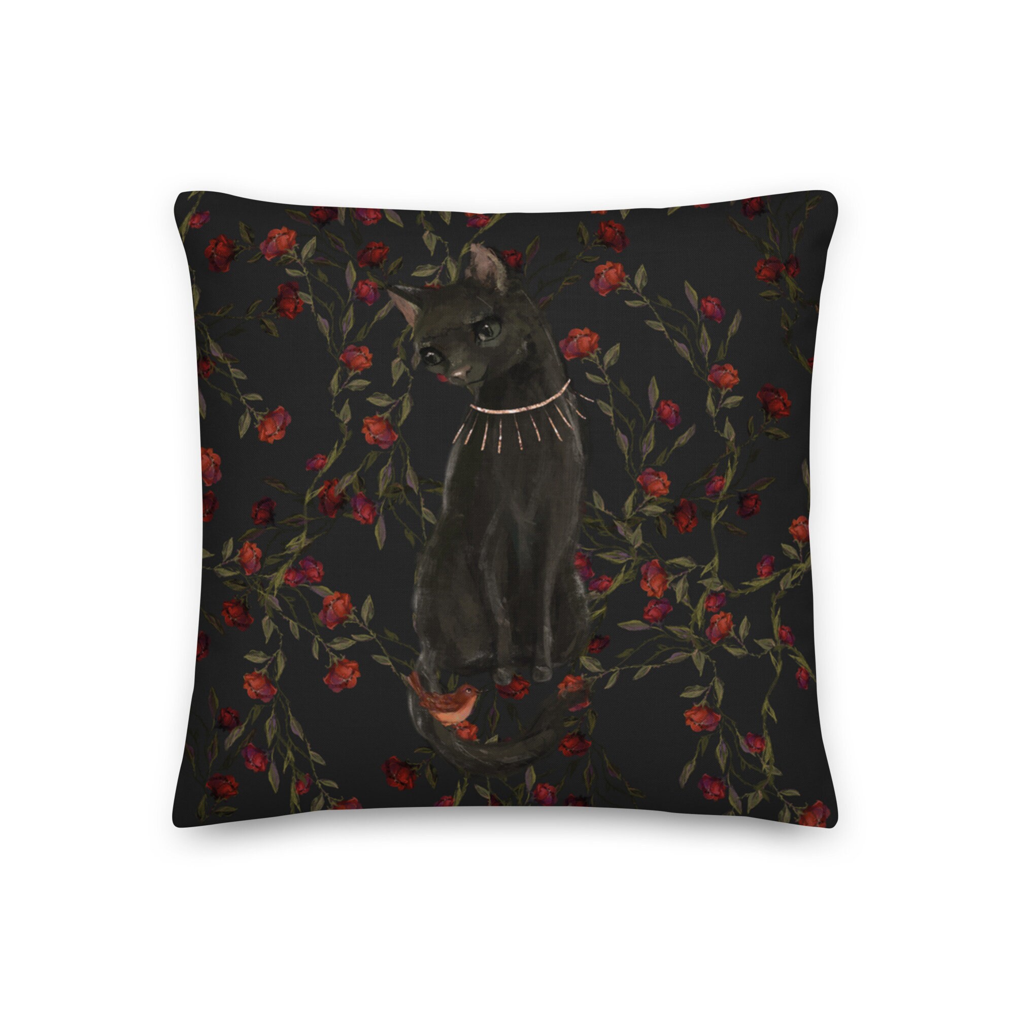 Coussin Chat Noir Fleuri, Coussin Décoratif Pour Canapé ou Fauteuil 45x45 cm