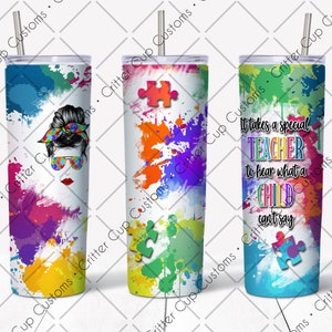 Special Needs Teacher Design, Color Splats, Puzzle, 20oz Straight Tumbler Wrap, Digital Download PNG image 1