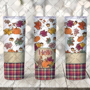 Hello Fall Tumbler Wrap, Fall Tumbler Design, Fall Pumpkins and Leaves Png, Sublimation Wrap, 20oz Skinny Wrap