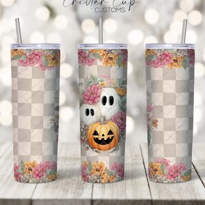 Halloween Tumbler Wrap, Floral Checkered Ghost Tumbler Wrap Design, 20oz Tumbler Wrap, 20oz Tumbler Wrap, Tumbler Wrap PNG