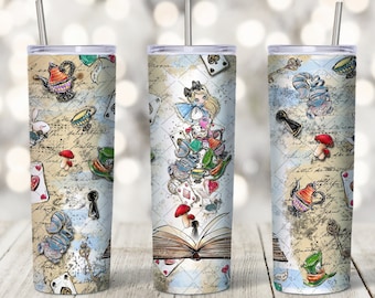 Alice nel paese delle meraviglie, involucro per tumbler da 20 once, download digitale, design per tumbler a sublimazione