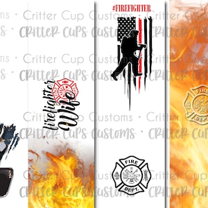 Puede incluir: Cuatro diseños digitales con temática de bomberos. El primer diseño muestra a una mujer con gafas y un portátil, rodeada de unicornios. El segundo diseño presenta el texto "firefighter wife" con un emblema de fuego. El tercer diseño muestra una silueta de bombero frente a una bandera estadounidense. El cuarto diseño muestra un casco de bombero con un gráfico de latido del corazón y el texto "#FIREFIGHTER".