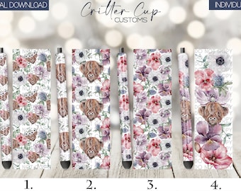 Highland Cow Pen Wraps, Highland Cow Floral Pen Wrap, Pen Wrap png, Waterslide Pen Wrap