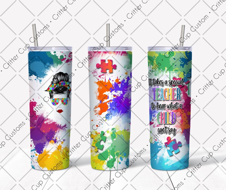 Special Needs Teacher Design, Color Splats, Puzzle, 20oz Straight Tumbler Wrap, Digital Download PNG image 1